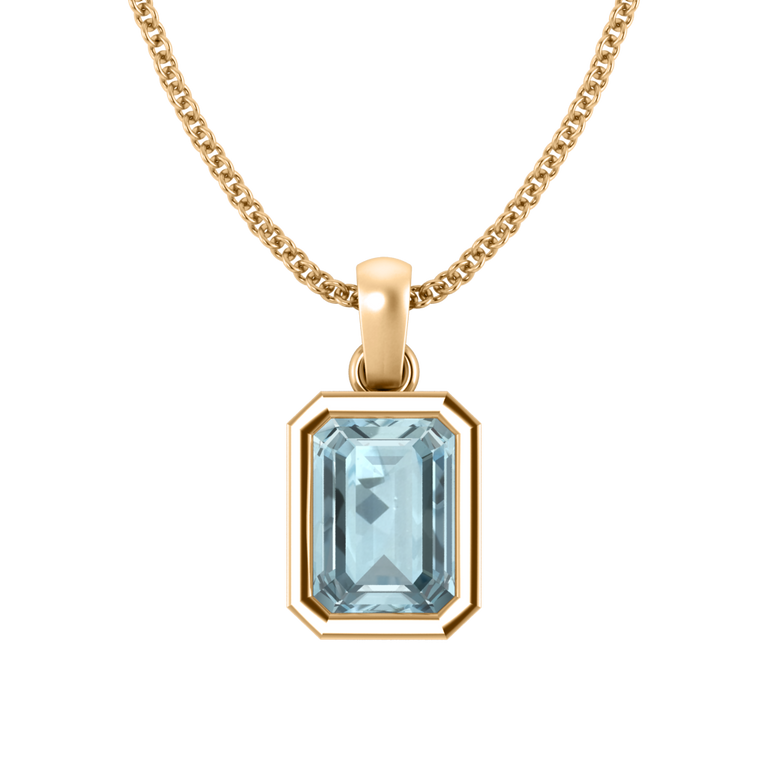Bezel Emerald Cut Aquamarine 18K Yellow Gold Pendant Necklace