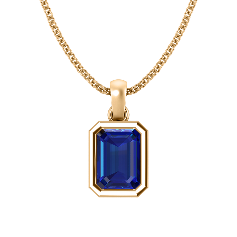 Bezel Emerald Cut Blue Sapphire 18K Yellow Gold Pendant Necklace