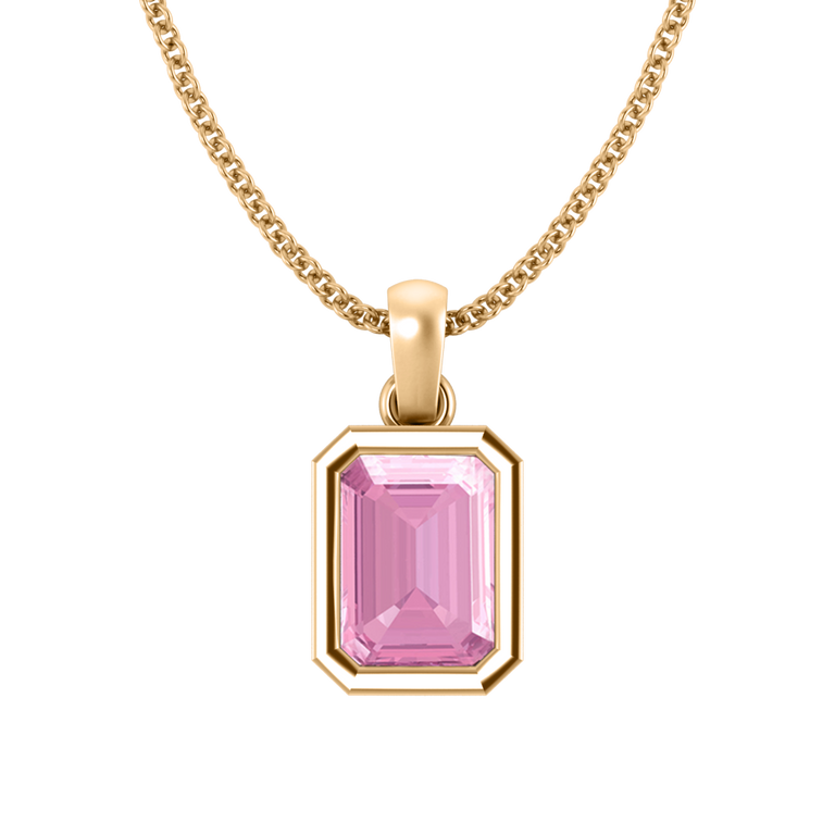 Bezel Emerald Cut Pink Sapphire 18K Yellow Gold Pendant Necklace