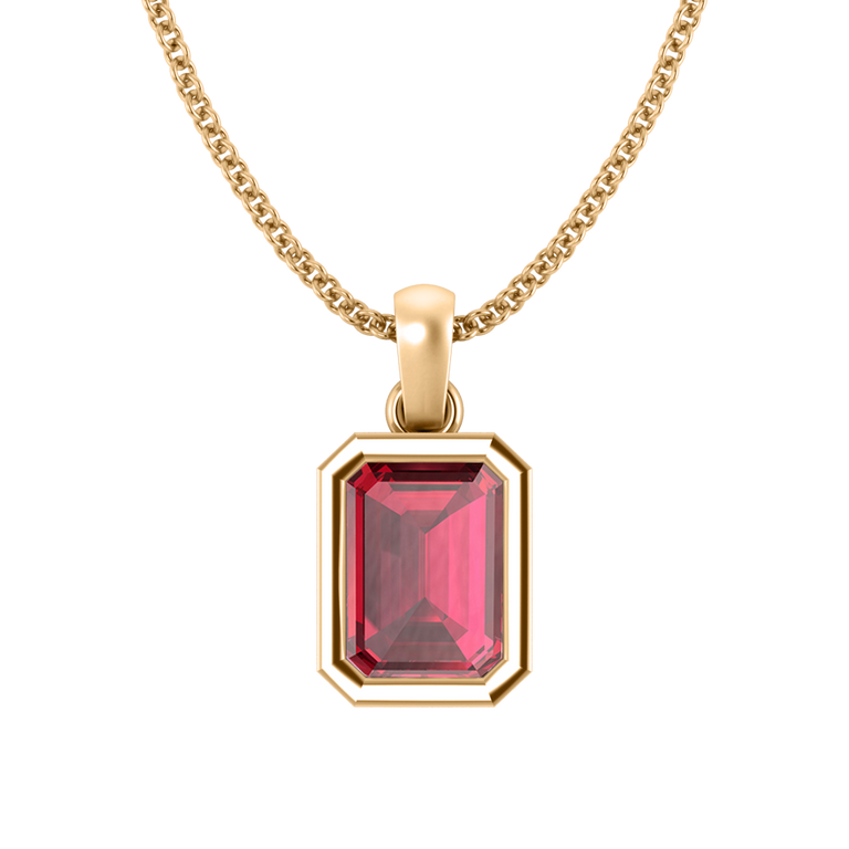 Bezel Emerald Cut Ruby 18K Yellow Gold Pendant Necklace