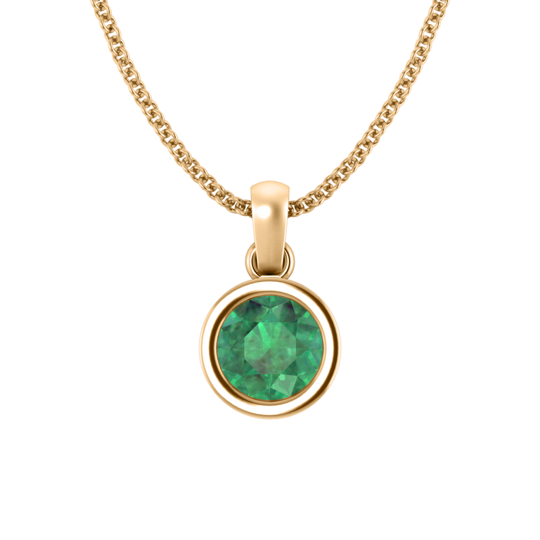 Bezel Round Cut Emerald 18K Yellow Gold Pendant Necklace