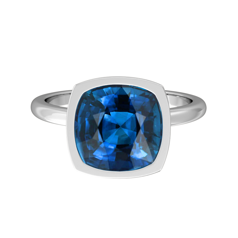 Bezel Cushion Blue Sapphire Platinum Ring