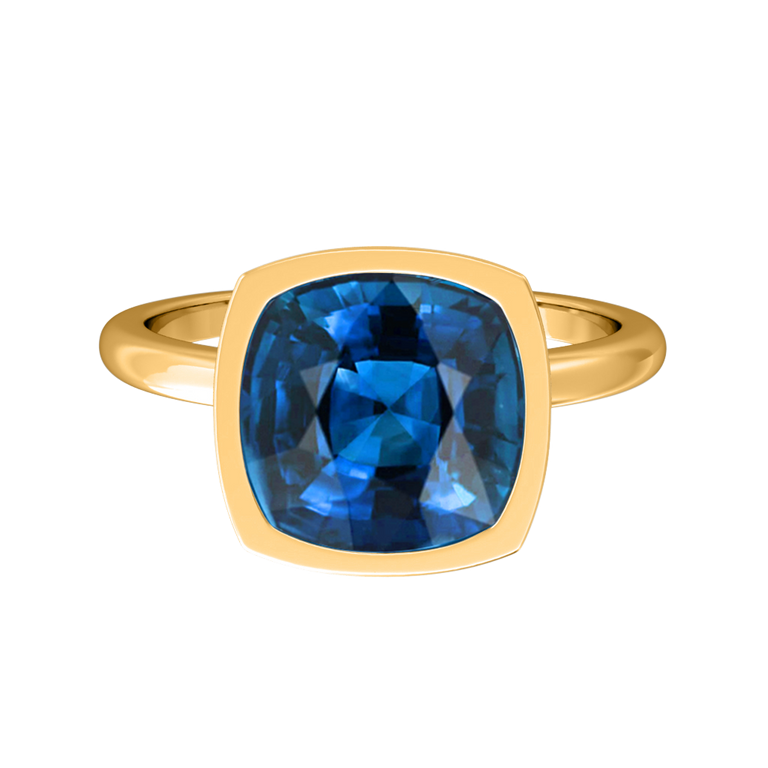 Bezel Cushion Blue Sapphire 18K Yellow Gold Ring