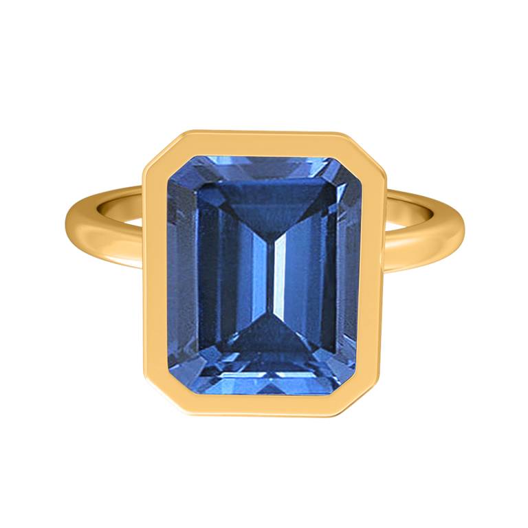 Bezel Emerald Blue Sapphire 18K Yellow Gold Ring