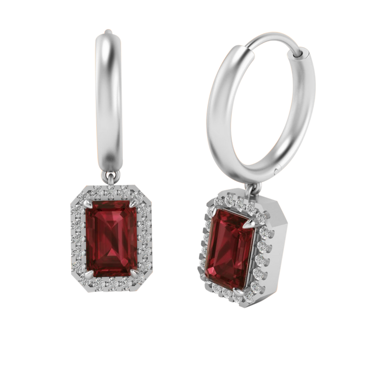 Classic Drop Emerald Garnet 18K White Gold Earrings