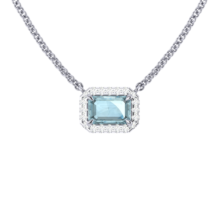 Treasure Box Halo Emerald Aquamarine Necklace 18k White Gold