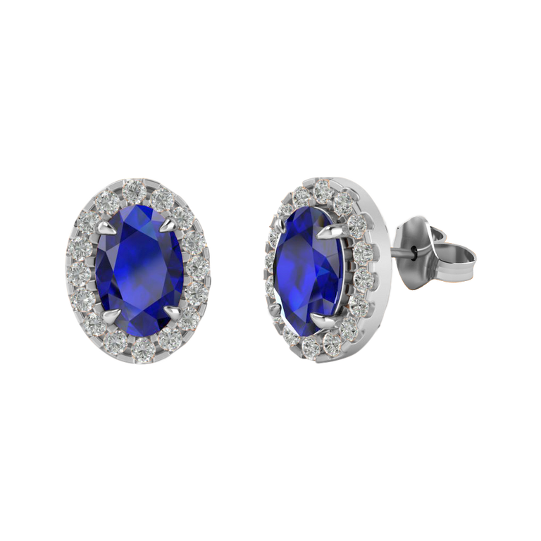 Treasure Box Halo Stud Oval Blue Sapphire 18K White Gold Earrings