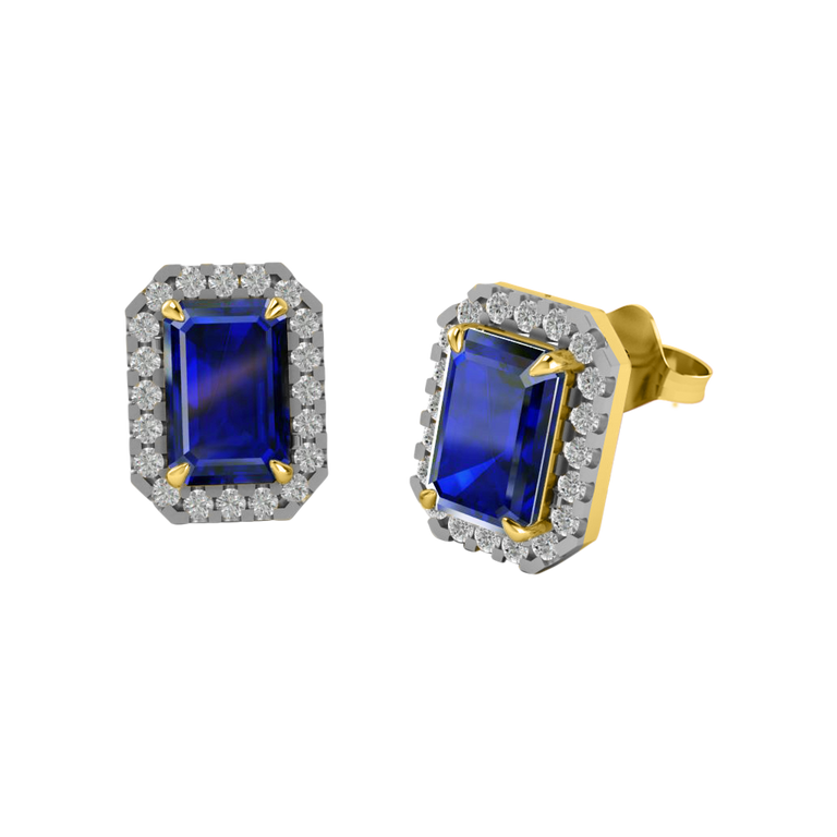 Treasure Box Halo Stud Emerald Blue Sapphire 18K Yellow Gold Earrings