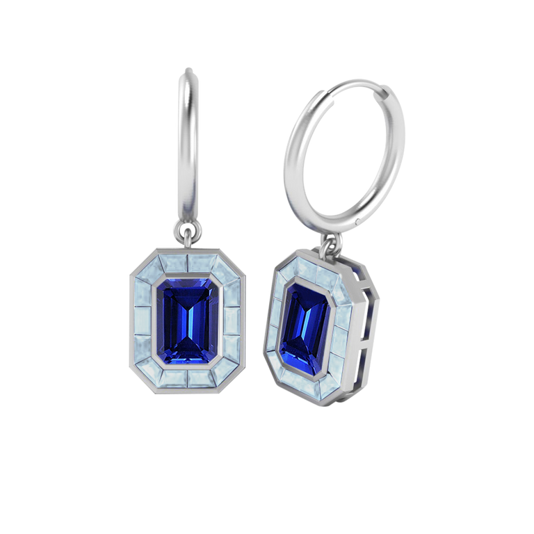 Deco Drop Emerald Blue Sapphire 18K White Gold Earrings