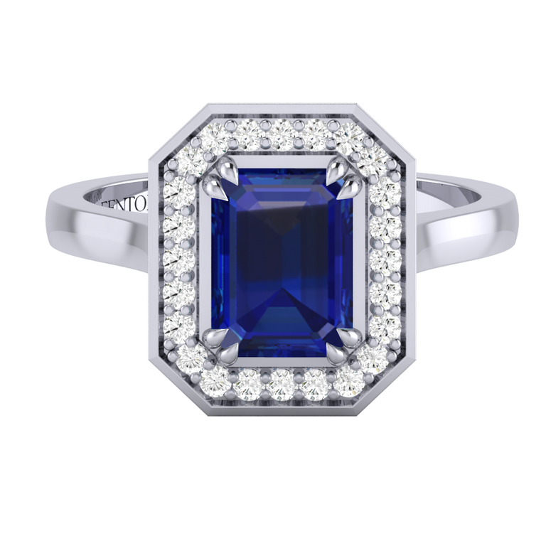 Deco Emerald Blue Sapphire Platinum Ring