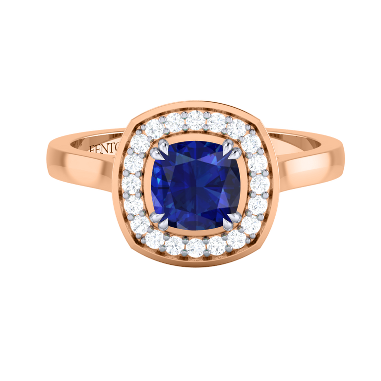 Deco Cushion Blue Sapphire 18K Rose Gold Ring