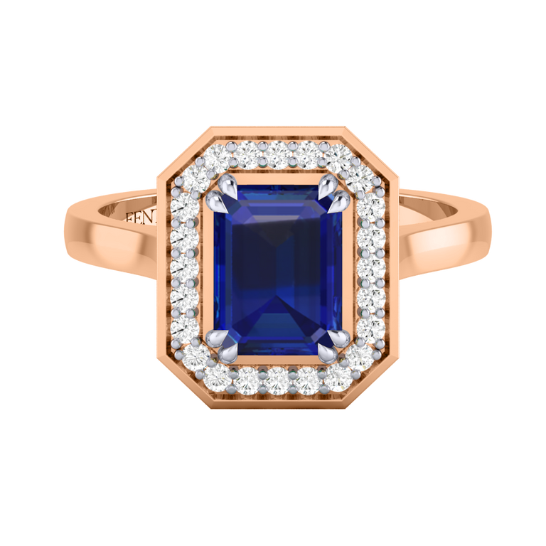 Deco Emerald Blue Sapphire 18K Rose Gold Ring