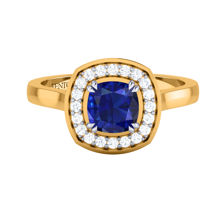 Deco Cushion Blue Sapphire 18K Yellow Gold Ring