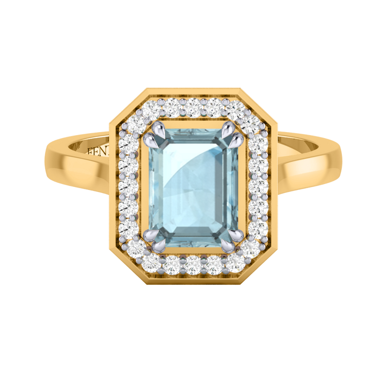 Deco Emerald Aquamarine 18K Yellow Gold Ring