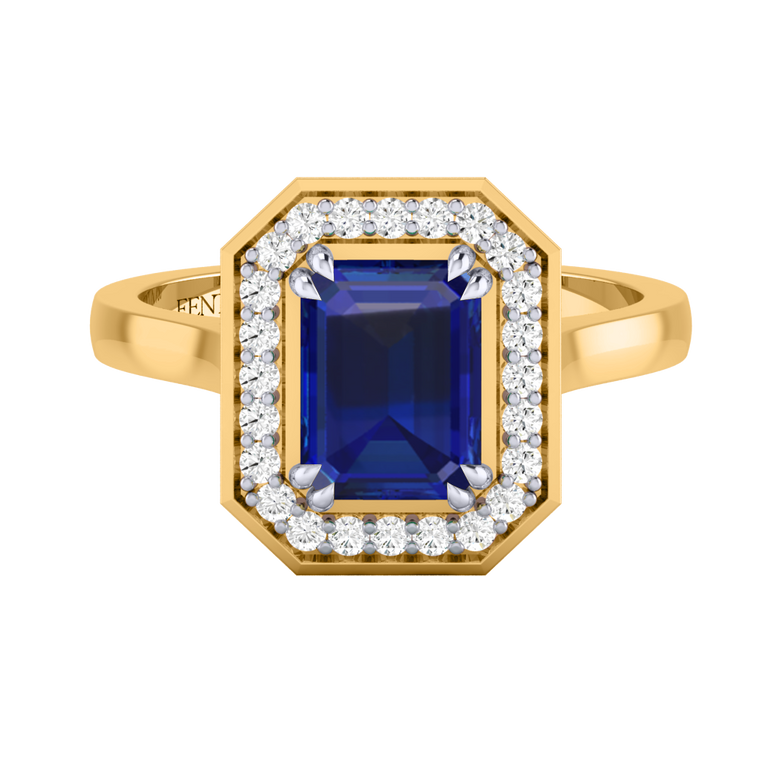 Deco Emerald Blue Sapphire 18K Yellow Gold Ring