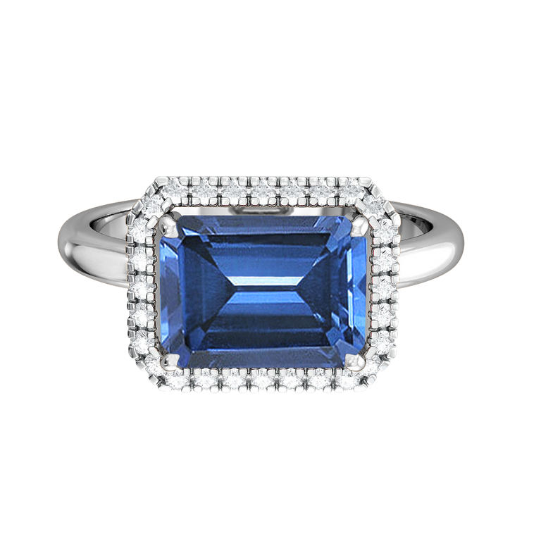 East West Emerald Blue Sapphire Platinum Ring