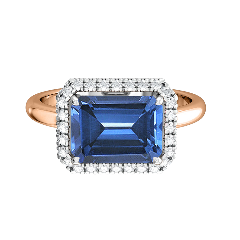 East West Emerald Blue Sapphire 18K Rose Gold Ring