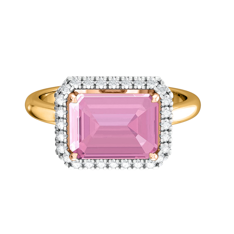 East West Emerald Pink Sapphire 18K Yellow Gold Ring