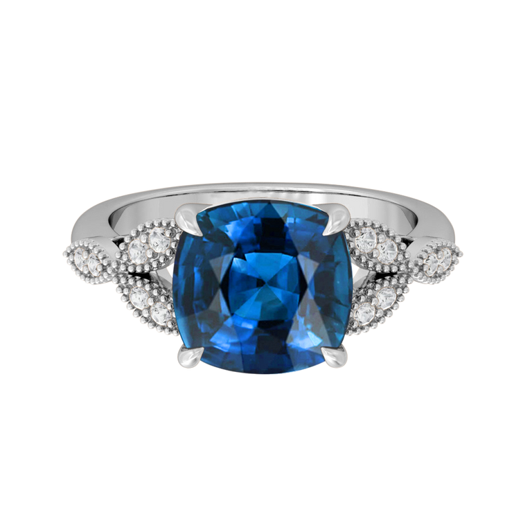 Floral Cushion Blue Sapphire Platinum Ring