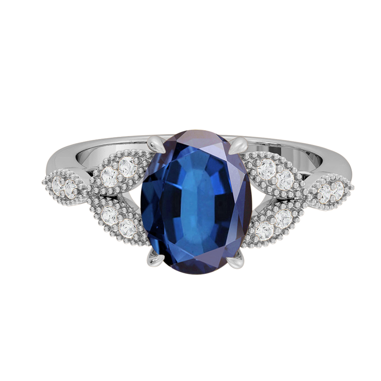 Floral Oval Blue Sapphire Platinum Ring