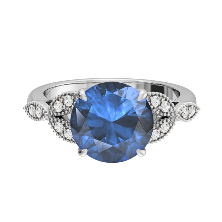 Floral Round Blue Sapphire Platinum Ring