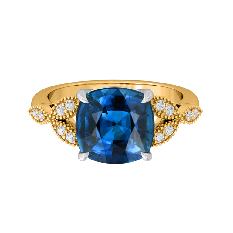 Floral Cushion Blue Sapphire 18K Yellow Gold Ring