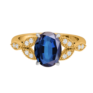 Floral Oval Blue Sapphire 18K Yellow Gold Ring
