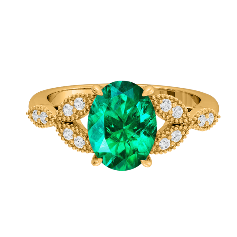 Floral Oval Emerald 18K Yellow Gold Ring