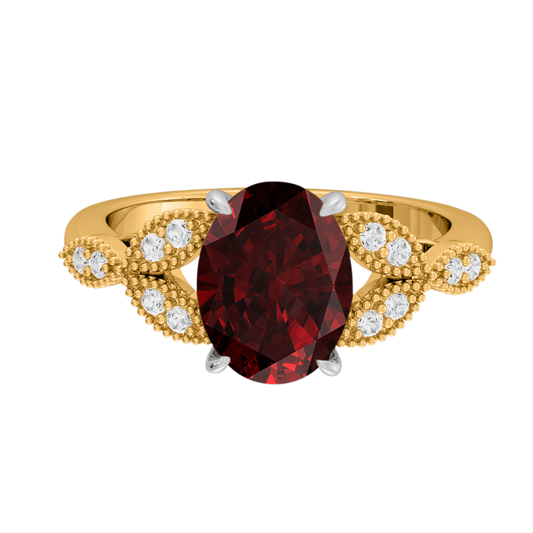 Floral Oval Garnet 18K Yellow Gold Ring