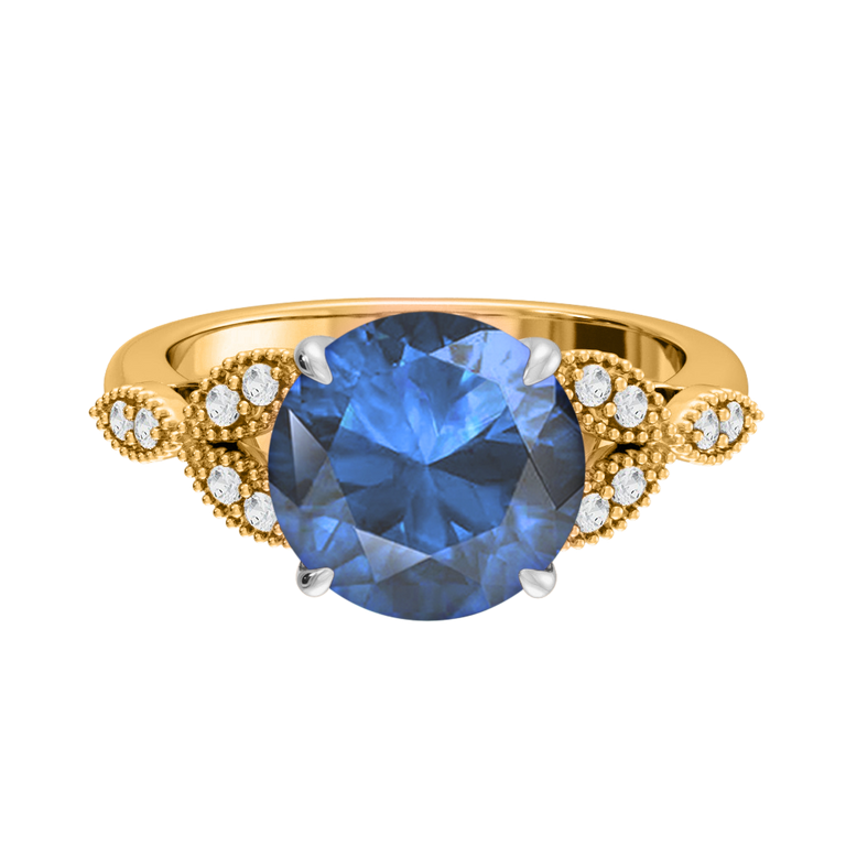 Floral Round Blue Sapphire 18K Yellow Gold Ring