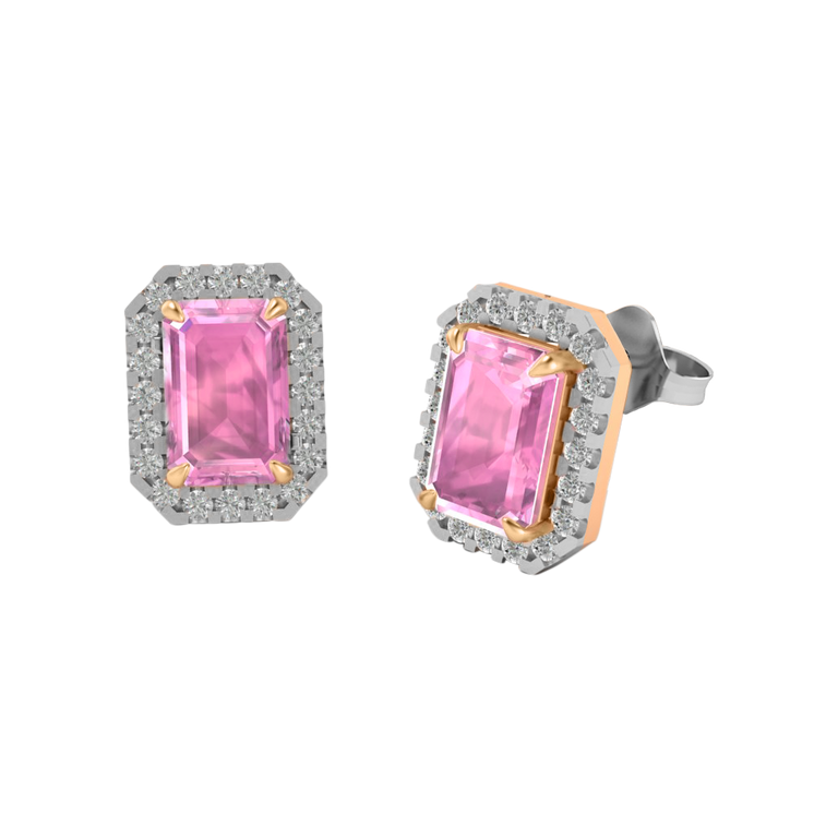 Halo Stud Emerald Pink Sapphire 18K Rose Gold Earrings