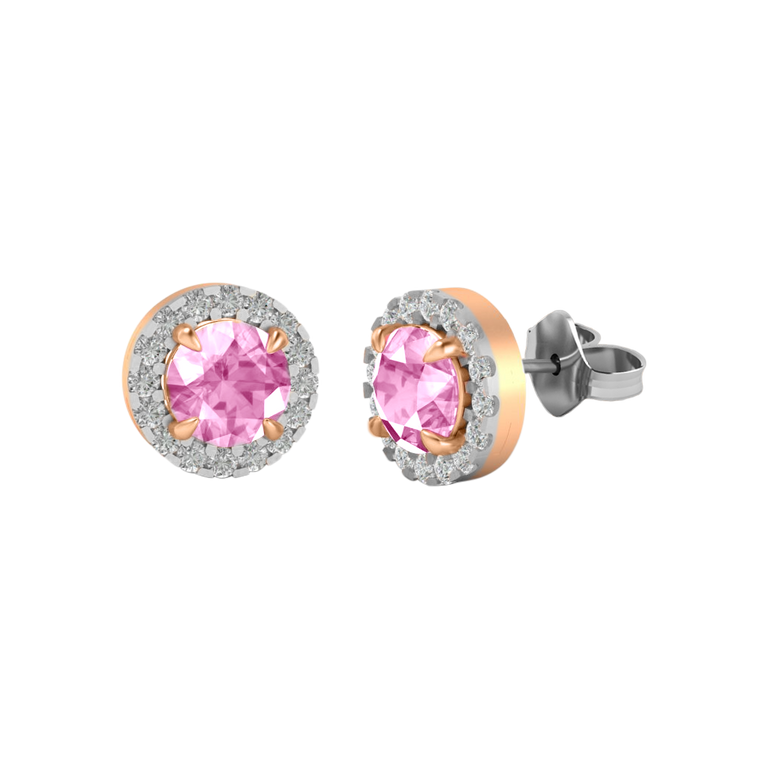 Halo Stud Round Pink Sapphire 18K Rose Gold Earrings