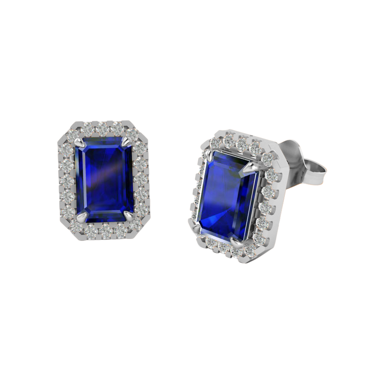 Halo Stud Emerald Blue Sapphire 18K White Gold Earrings