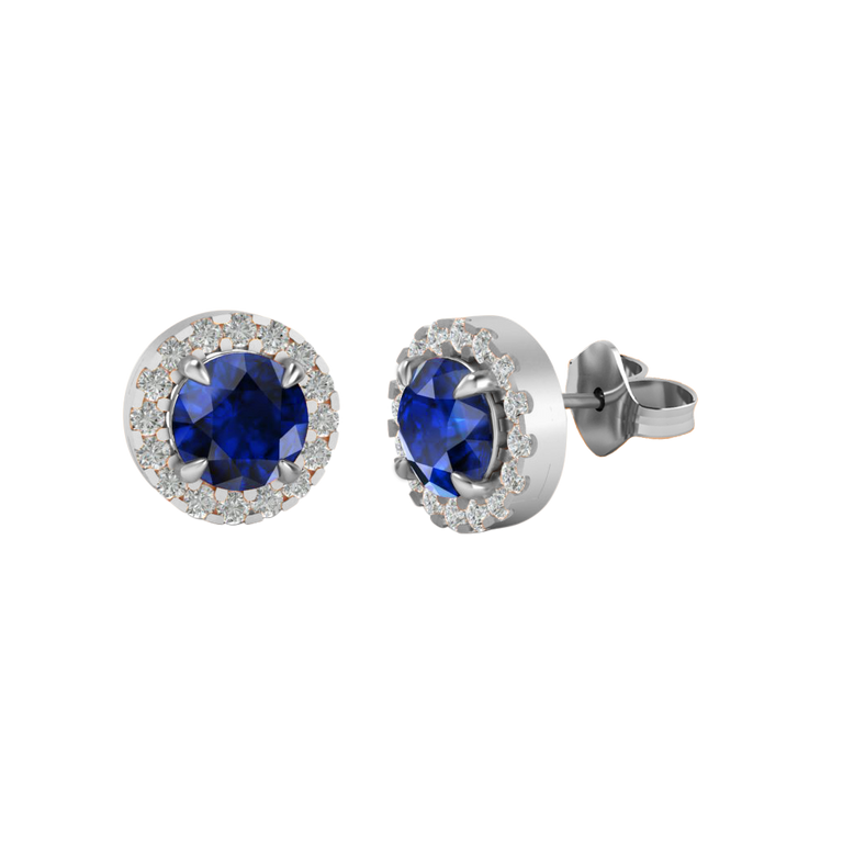 Halo Stud Round Blue Sapphire 18K White Gold Earrings