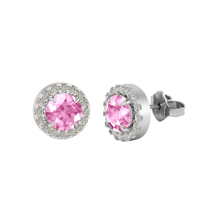 Halo Stud Round Pink Sapphire 18K White Gold Earrings