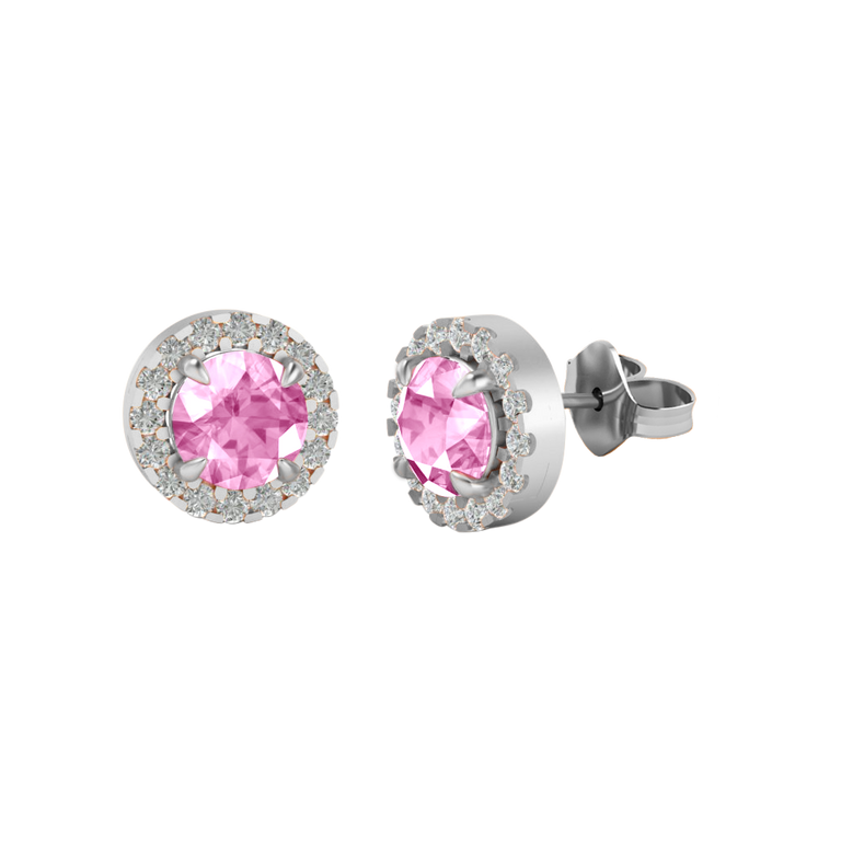 Halo Stud Round Pink Sapphire 18K White Gold Earrings