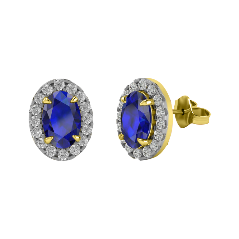 Halo Stud Oval Blue Sapphire 18K Yellow Gold Earrings