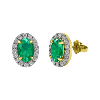 Halo Stud Oval Emerald 18K Yellow Gold Earrings