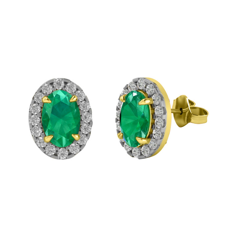 Halo Stud Oval Emerald 18K Yellow Gold Earrings