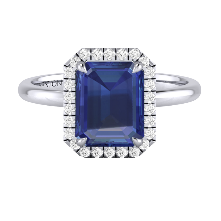 Halo Emerald Blue Sapphire Platinum Ring