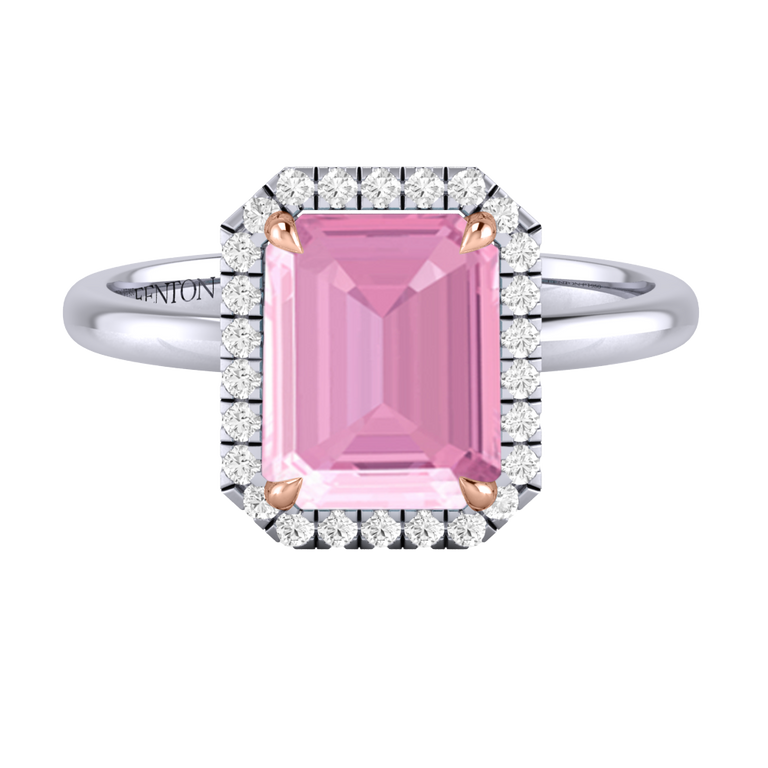 Halo Emerald Pink Sapphire Platinum Ring