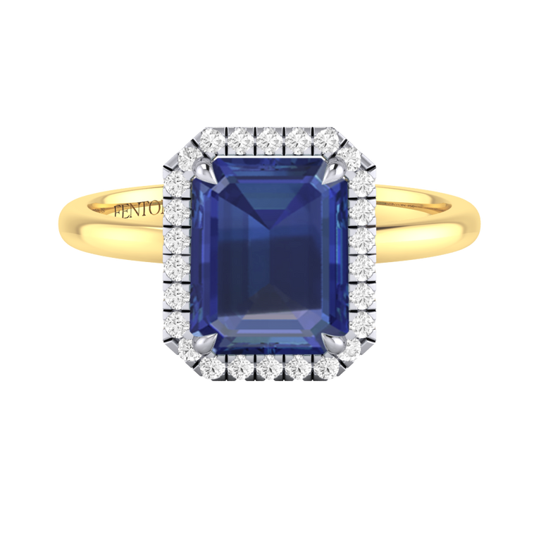 Halo Emerald Blue Sapphire 18K Yellow Gold Ring