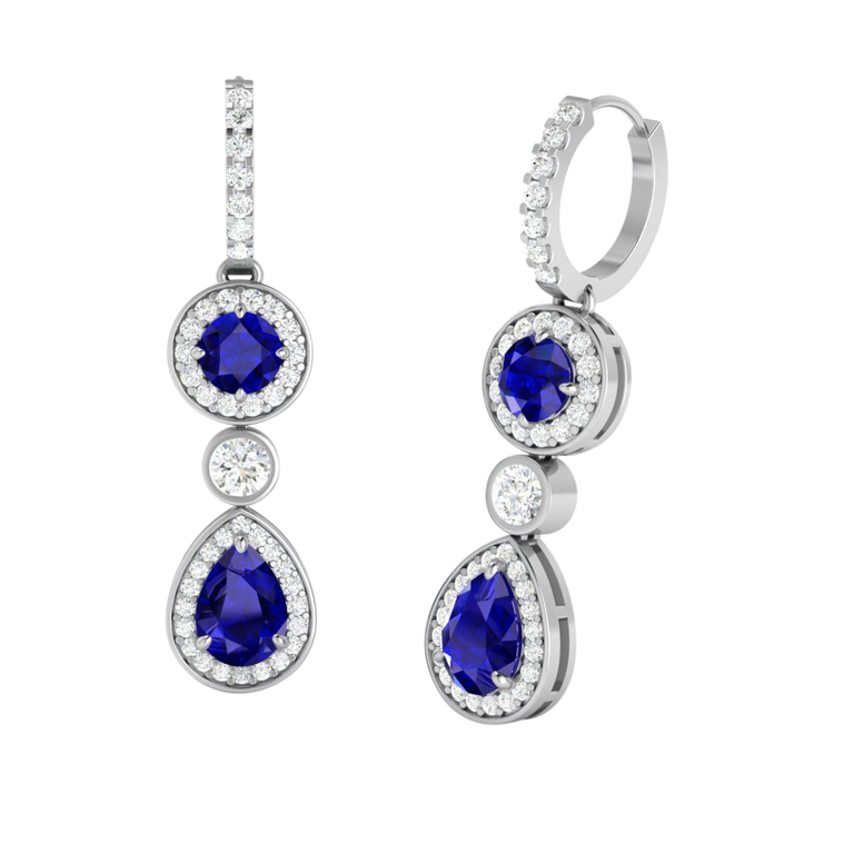 Pear Drop Round Blue Sapphire 18K White Gold Earrings
