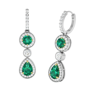 Pear Drop Round Emerald 18K White Gold Earrings
