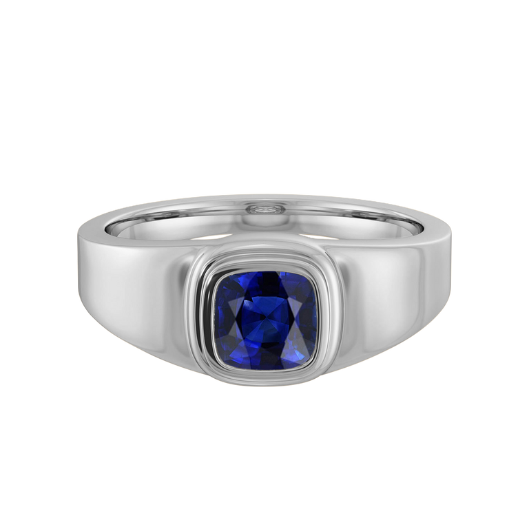 Signet Cushion Blue Sapphire 18K White Gold Ring