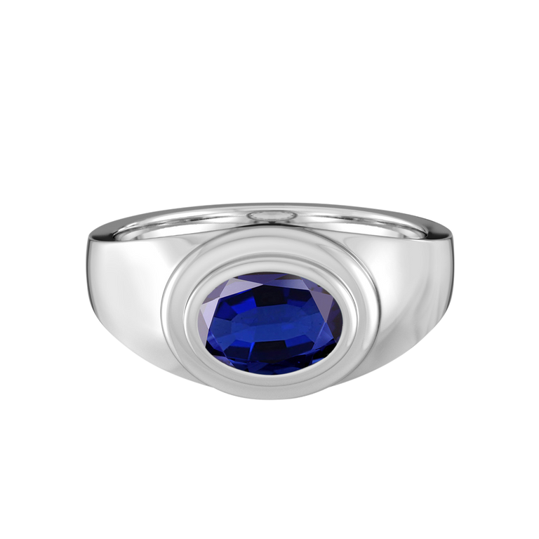 Signet Oval Blue Sapphire 18K White Gold Ring