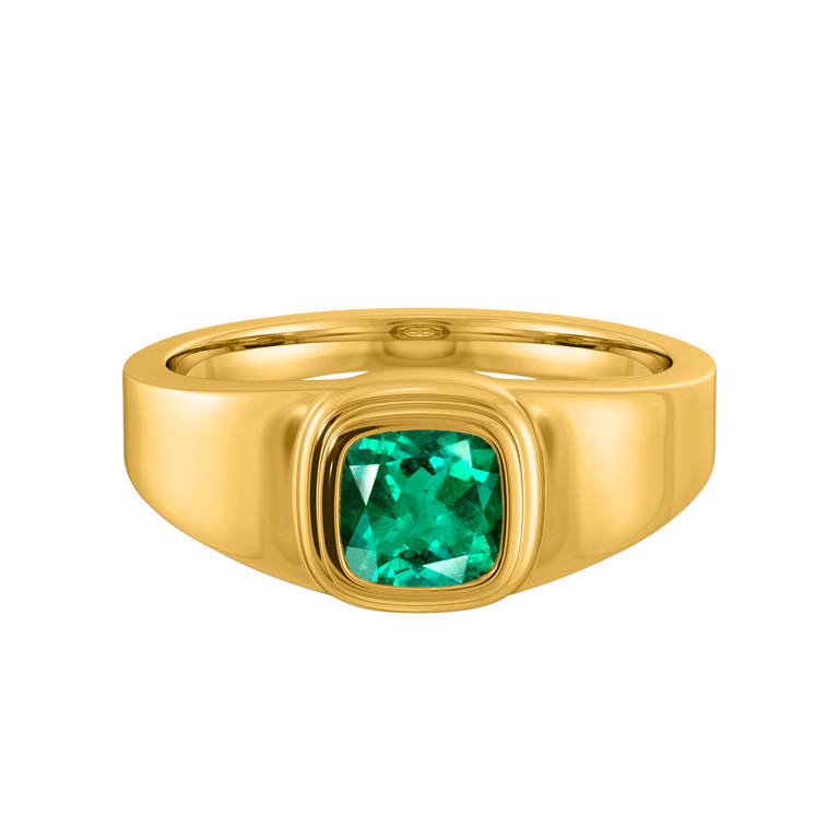 Signet Cushion Emerald 18K Yellow Gold Ring