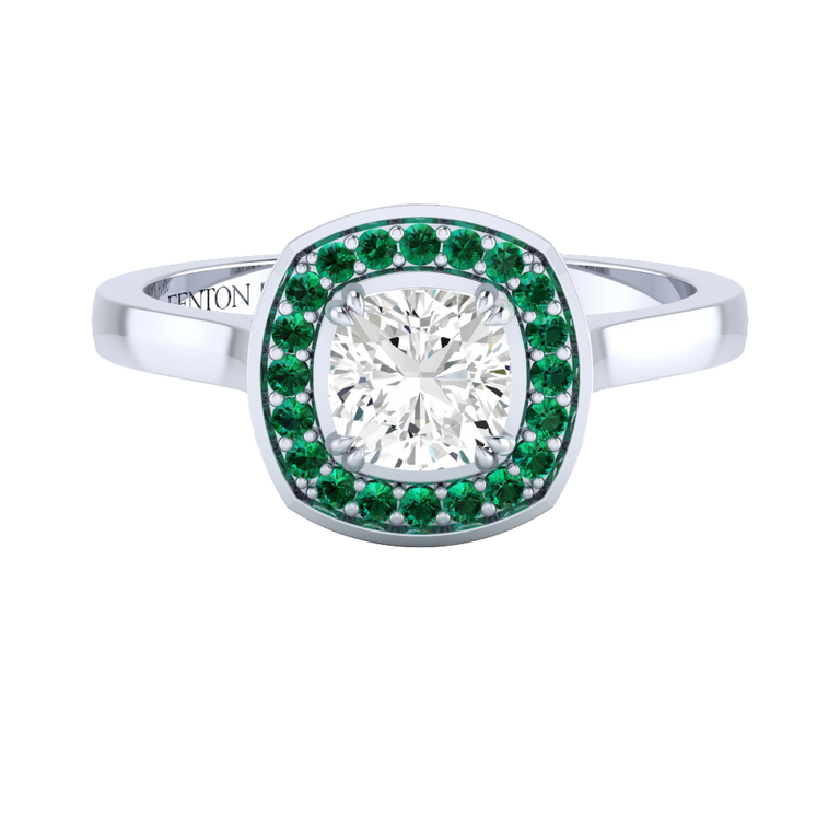 Solar Diamond Deco Cushion Cut Diamond and Emerald Platinum Ring