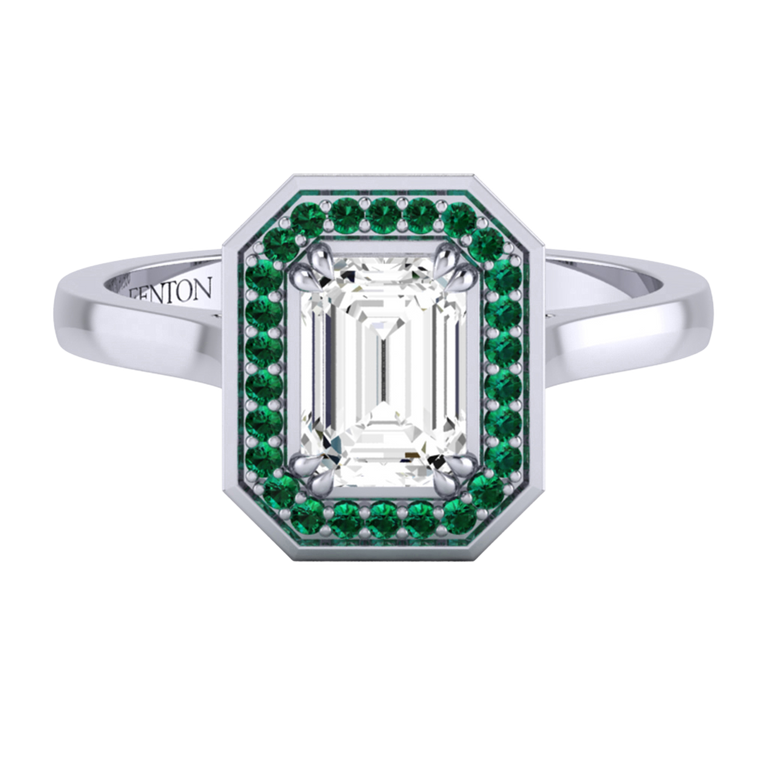 Solar Diamond Deco Emerald Cut Diamond and Emerald Platinum Ring