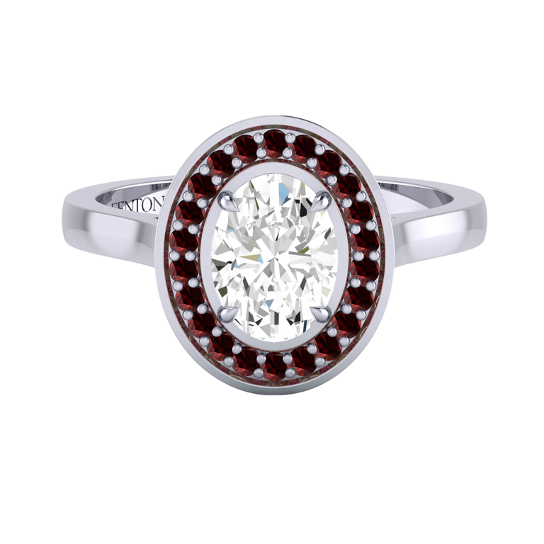 Solar Diamond Deco Oval Cut Diamond and Garnet Platinum Ring